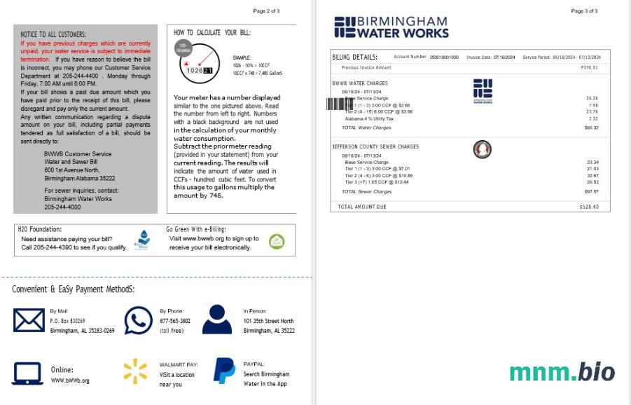 Wielka Brytania BIRMINGHAM WATER rachunek za usługi komunalne Word and PDF template 2-3